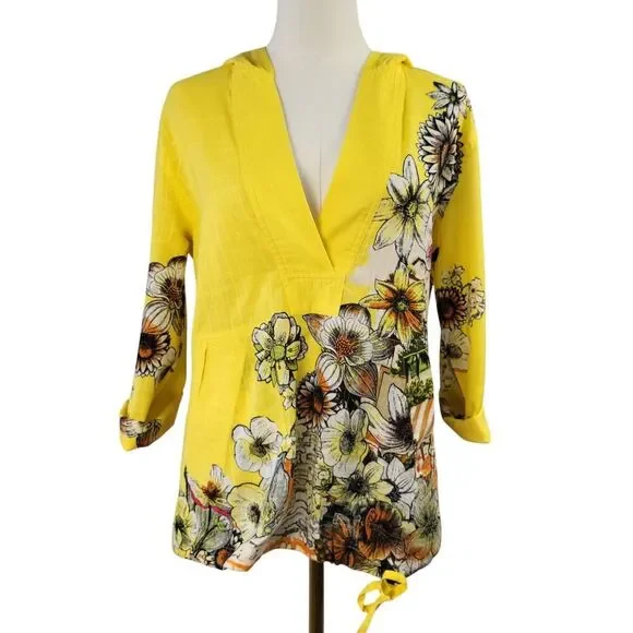 Chico’s Size 1 Medium Yellow Floral 100% Cotton Hoodie Roll Tab Sleeves Pockets - Picture 6 of 14